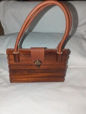 Vintage Brown Wood Slat Handbag Boho Leather Trim Turnlock Colombia